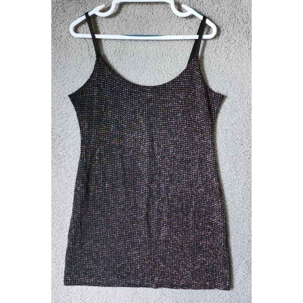 BEBE Women's Sz L Sleeveless Spaghetti Strap Mini Dress Metallic Sparkley Black